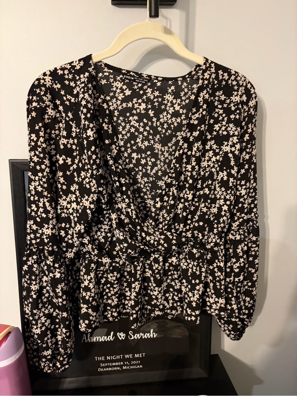 SHEIN Black Floral Wrap-Style Blouse with Cream Print